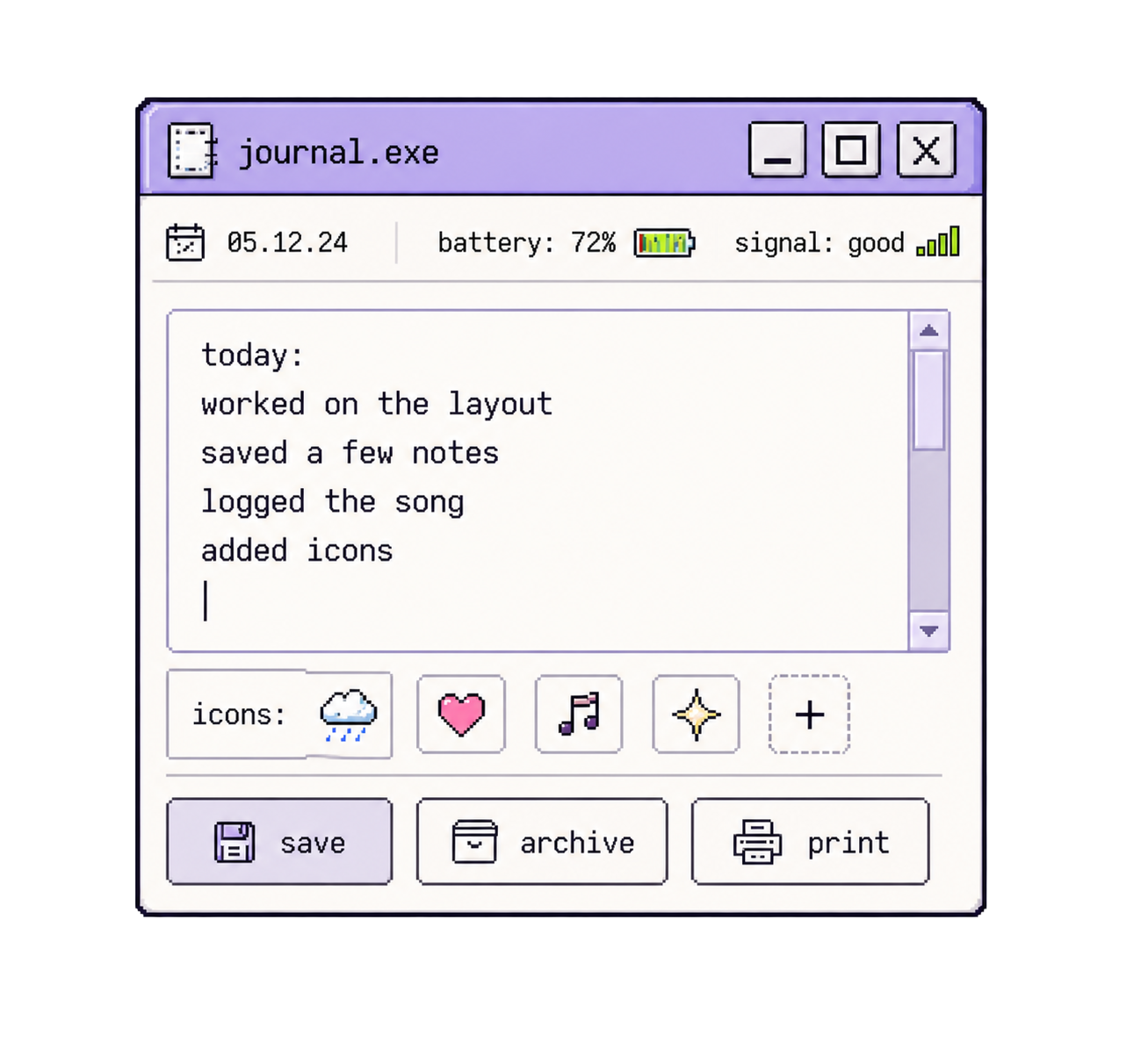 Journal.exe window with sample diary entry